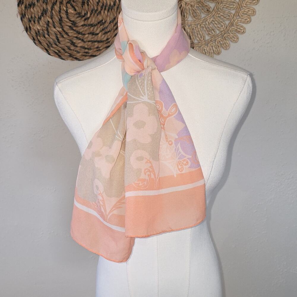 Vintage Peach Blue Tan Lavendar Floral Butterfly Dressy Scarf OS